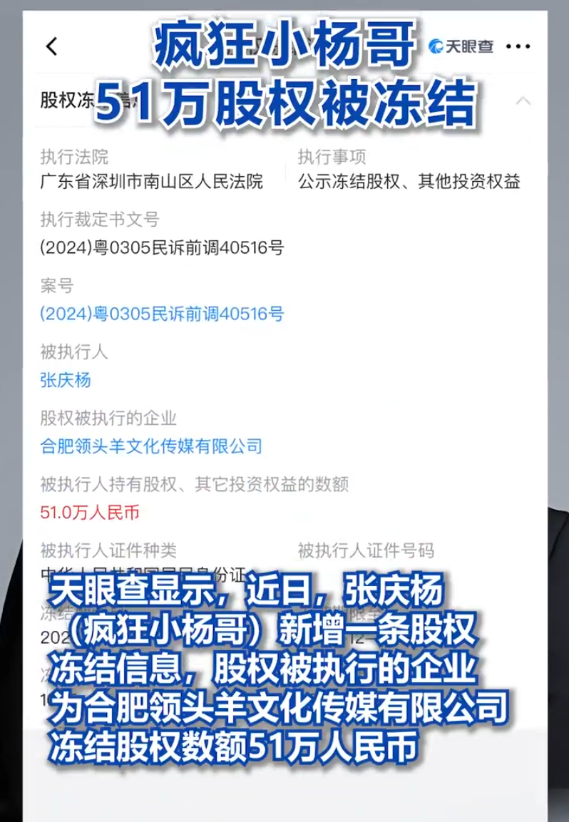 三只羊小杨哥被冻结51万股权？浅蓝自曝老婆是播音系高材生(图1)
