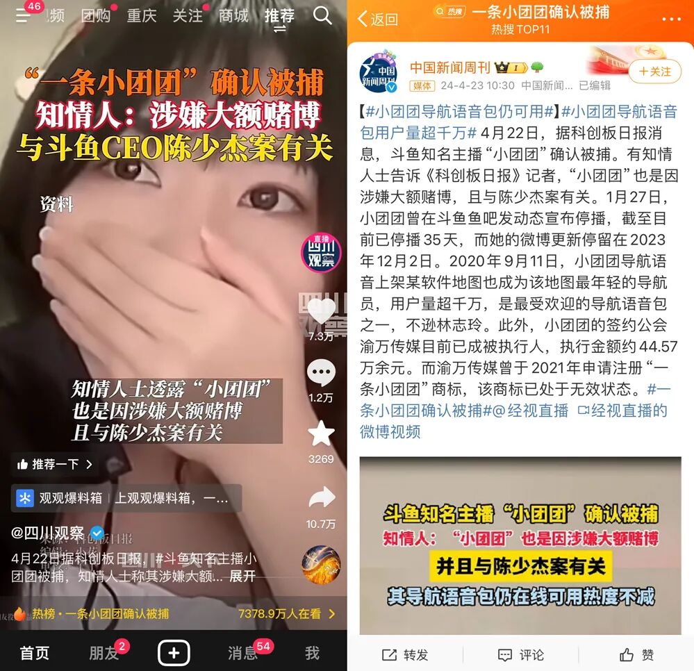 “一条小团团”已确认被捕？原因或是直播涉赌，粉丝仍坚信是造谣(图3)
